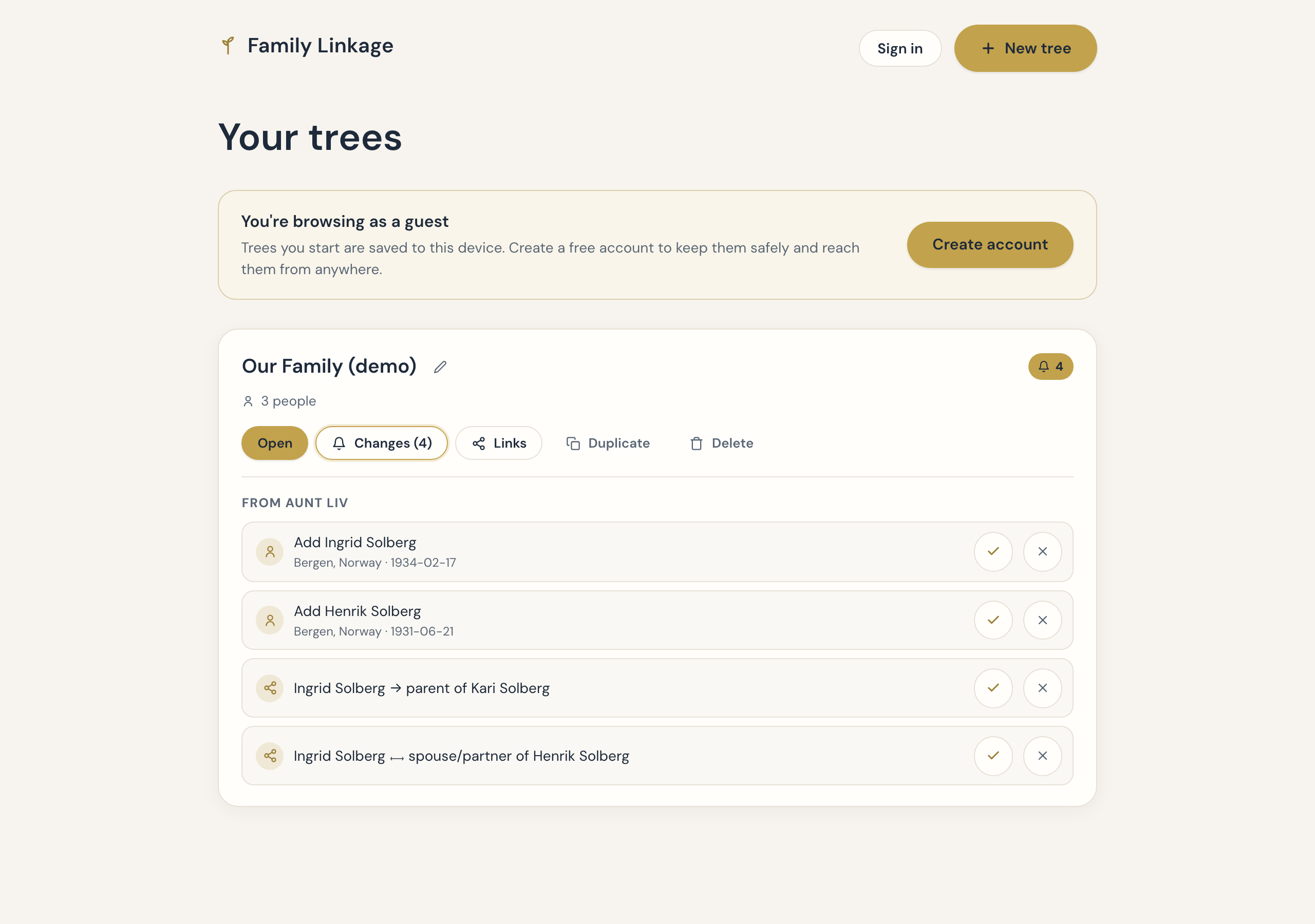 Suggestions from a relative waiting for approval, with approve and deny buttons