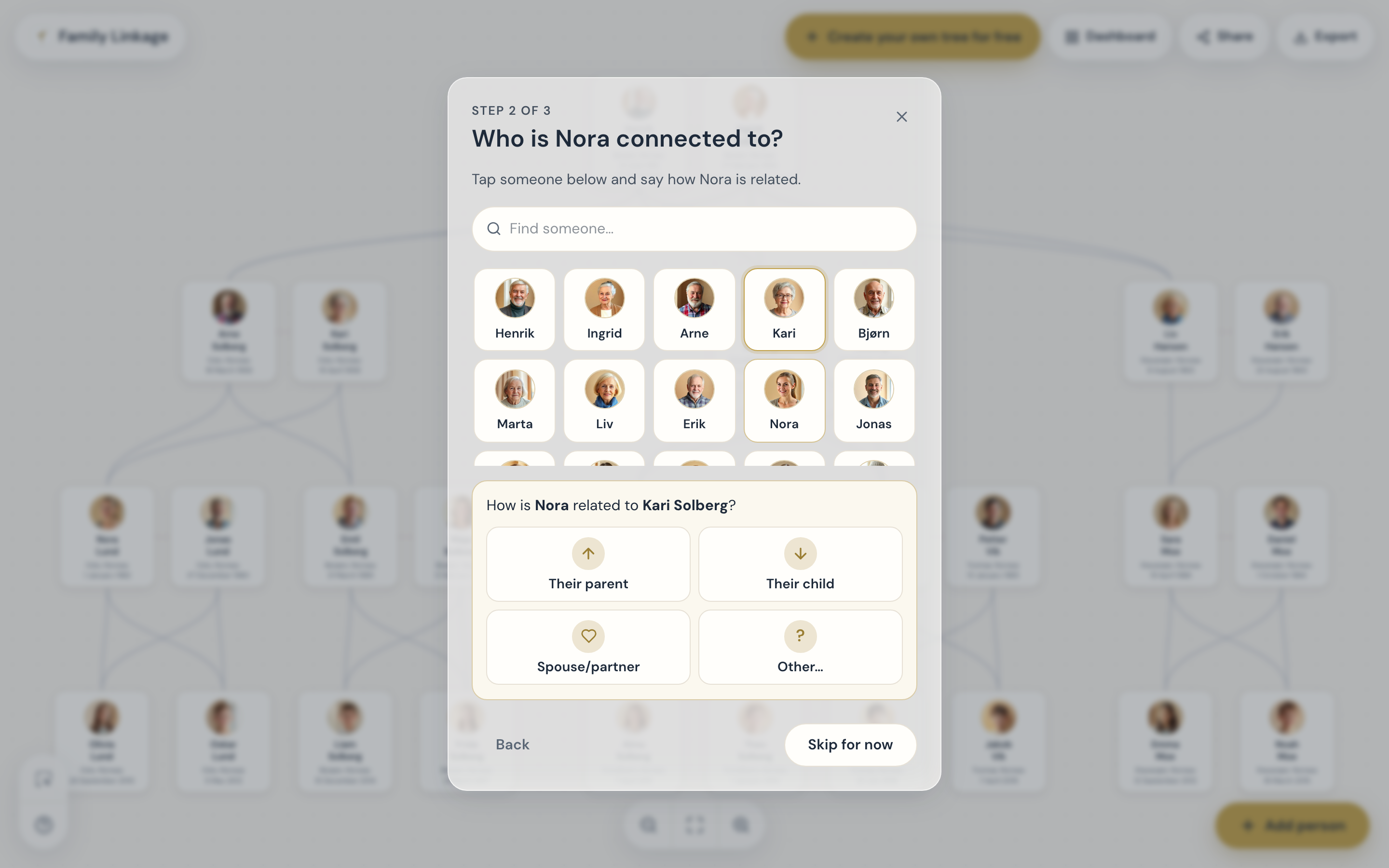 The connection screen: tap a person, then choose parent, child, or partner